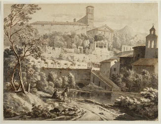 Ein Künstler skizziert an einem Flussufer, unterhalb einer italienischen Stadt, um 1780