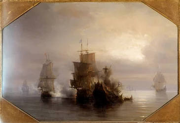 Seekampf des Ritters Marc-Antoine de Saint-Pol Hecourt (1665-31. Oktober 1705), 31.10.1705. Er gab der nahegelegenen Stadt Saint-Pol-sur-Mer (Saint Paul sur mer) seinen Namen. Gemälde von Théodore Gudin (1802-1880) 19. Jahrhundert. Paris, Musée de la Marin