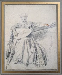 Ein Lautenspieler. Zeichnung mit Bleistift und Blut von Jean Antoine Watteau (1684-1721). 18. Jahrhundert. Chantilly, Musée Condé