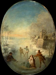 Edelleute auf dem Eis bei einer ummauerten Stadt im Winter