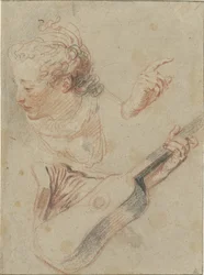 Studienblatt mit einem nach unten blickenden Mädchenkopf, einer Gitarre und den Händen, die sie spielen