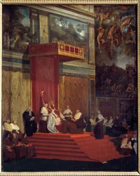 Papst Pius VII. (1742 - 1823), Papst von 1800 bis 1823, hält eine Messe in der Sixtinischen Kapelle des Vatikans. Gemälde von Jean Auguste Dominique Ingres (1780-1867).