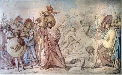 Romulus bringt die Waffen von Acron zum Tempel des Jupiter, die er gerade besiegt hat