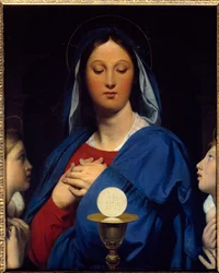 Die Jungfrau hat die Hostie. Symbole der Kommunion: Objekt der Eucharistie (die Hostie als Leib Christi und der Wein des Kelches als sein Blut). Gemälde von Jean Auguste Dominique Ingres (1780-1867)
