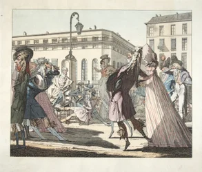 Le Petit Coblentz, Boulevard de Grand sous le Directoire, graviert von Eugene Loizelet, veröffentlicht 1978 (handkolorierte Gravur)