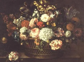 Pfingstrosen, Tulpen, Narzissen und andere Blumen in einem Korb