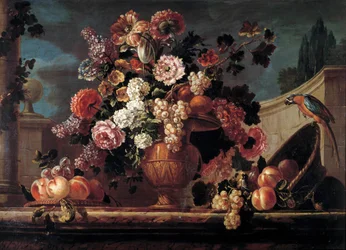 Blumen, Früchte und Papageien Gemälde von Jean Blin (oder Blain oder Belin) von Fontenay (1653-1715) 18. Jahrhundert Orleans. Museum der Schönen Künste