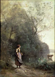 Eine Bäuerin weidet eine Kuh am Waldrand, ca. 1865-70