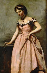 Mädchen im rosa Kleid mit Rosen und einer Perle