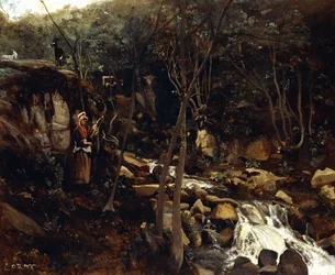 Lormes - Ein Wildbach mit einer stehenden Bäuerin, die Wolle spinnt, 1842