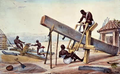 Sklaven als Holzfäller, aus „Voyage Pittoresque et Historique au Brésil“, gestochen von Thierry Frères, 1835