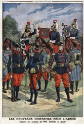 Die neuen Uniformen für die französische Armee nach den Entwürfen der Maler Edouard Detaille (1848-1912) und Georges Bertin Scott (1873-1942) genannt Scott de Plagnolles. Gravur in „Le Petit Journal“, am 10.03.1912. Private Sammlung.