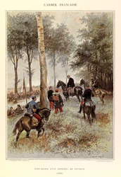 Typen und Uniformen der französischen Armee von Hauptmann Jules Richard, illustriert von Edouard Detaille (1848-1912): Stab eines Divisionsgenerals im Jahr 1884, Private Sammlung