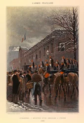 Typen und Uniformen der französischen Armee von Hauptmann Jules Richard, illustriert von Edouard Detaille: Kürassiere: Empfang einer Botschaft im Elysée 1886, Private Sammlung