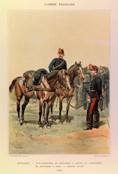 Typen und Uniformen der französischen Armee von Hauptmann Jules Richard, illustriert von Edouard Detaille: Artillerie: Unteroffiziere der Batterien zu Pferd und Kanoniere der Batterie zu Fuß in großer Uniform 1886