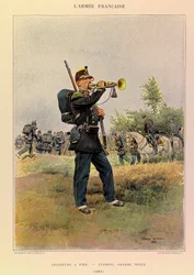 Typen und Uniformen der französischen Armee von Hauptmann Jules Richard, illustriert von Edouard Detaille: Jäger zu Fuß: Hornist in großer Uniform 1885