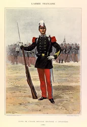 Typen und Uniformen der französischen Armee von Hauptmann Jules Richard, illustriert von Edouard Detaille (1848-1912): Schüler der speziellen Militärschule: Infanterie im Jahr 1885, Privatbesitz