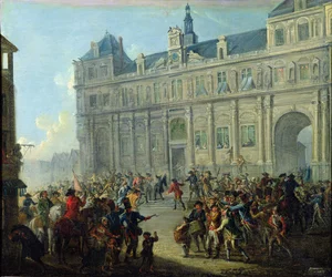 Die Ermordung von Jacques de Flesselles auf den Stufen des Rathauses am 14. Juli 1789