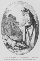 Der Wolf von Gubbio zu Füßen von St. Franziskus von Assisi (Lithografie)