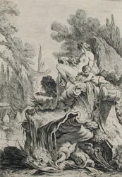 Brunnen mit einer Nymphe, die auf einer Muschel sitzt