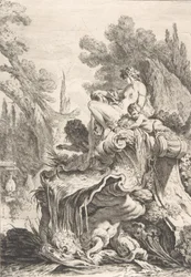 Die sitzende Nymphe Une fontaine avec une naïade assise sur une conque, ca. 1740