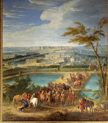 Ansicht der Stadt und des Schlosses von Versailles vom Hügel Montbauron aus, Louis XIV (1638-1715) und François Michel le Tellier, Marquis de Louvois, besuchen die neuen Reservoirs