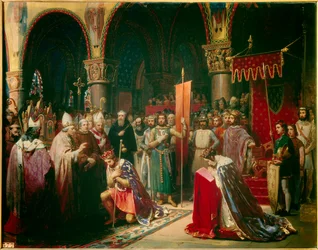 König Ludwig VII. nimmt das Oriflamme in der Basilika von Saint Denis in Anwesenheit von Königin Alienor von Aquitanien entgegen