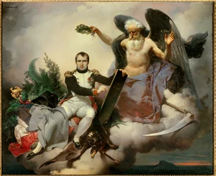 Napoleon I. wird von der Zeit gekrönt, schreibt den Zivilkodex. Allegorie der Zeit, unter dem Deckmantel eines alten Engels krönt Napoleon Bonaparte (1769-1821) zu der Zeit, als er seinen Gesetzeskodex, bekannt als der Napoleonische Kodex, überarbeitete un