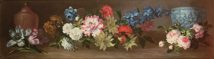 Stillleben mit Rosen und anderen Rosen auf einem Sims mit zwei Ingwerkrügen