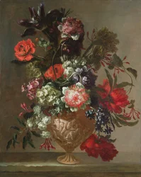 Stillleben mit Blumen in einer skulptierten Vase