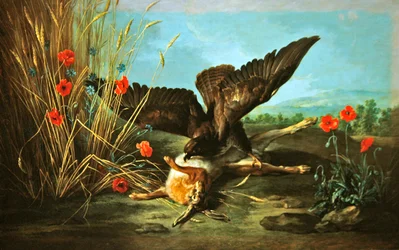 Ein Bussard stürzt einen Hasen um, oder Der Falke und der Hase, 1749