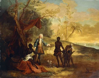 Aus den vier Erdteilen - Afrika: Ein europäischer Kaufmann beim Tauschhandel mit einem Schwarzen Häuptling, 1724