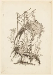 Figur, die zwei Ecken eines Zeltes hält, aus "Recueil des Tentes Chinoises"