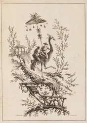 Straußenreiter, Platte aus einem Satz von Chinoiserie-Darstellungen