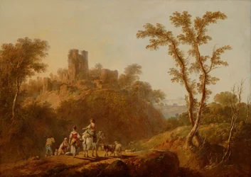 Bewaldete hügelige Landschaft mit Bauern