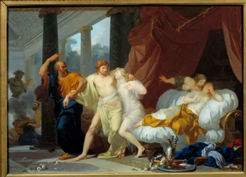 Sokrates zieht Alkibiades aus dem Schoß der Wollust. Der Philosoph Sokrates führt seinen Schüler Alkibiades (450-404 v. Chr.) von den Orten des Verderbens weg. Gemälde von Jean Baptiste Regnault (1754-1829) 1791