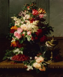Ein Stillleben mit Rosen, Tulpen und anderen Blumen auf einer deutschen Kompott-Schale