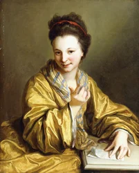 Eine junge Dame, die ein gelbes Gewand trägt, sitzt an einem Tisch und winkt, 1703
