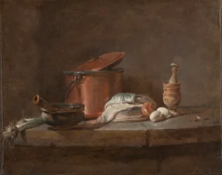 Küchenutensilien mit Lauch, Fisch und Eiern, ca. 1734