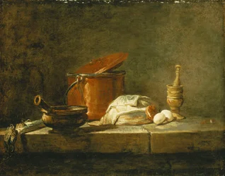Lauch, ein Auflauf, ein Kupfertopf mit Deckel, ein Stück Fisch, eine Zwiebel und zwei Eier, mit einem Mörser und Stößel, auf einem Sims, 1734