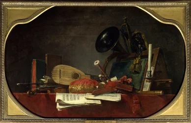 Die Attribute der Musik Stillleben mit Partitur, Violine, Mandore, Hofmusette, Querflöte, Horn und Trompete