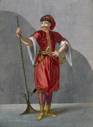 Ein albanischer Soldat, Tafel 78 aus „Sammlung von einhundert Drucken, die die verschiedenen Nationen der Levante darstellen“ von Charles de Ferriol, gestochen von Gérard Scotin (1671-1716), 1707-08