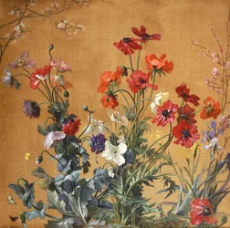 Mohnblumen, Schwertlilien und Blüten