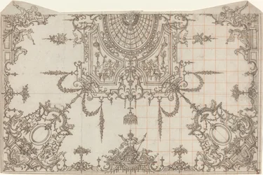 Eine aufwendige Decke mit Gittern und sitzenden Figuren