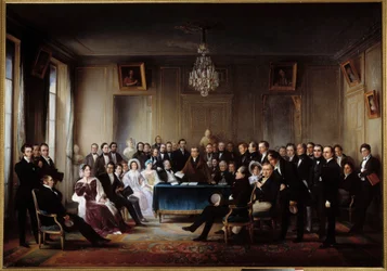 Der Dichter und Dramatiker François Guillaume Andrieux liest seine Tragödie Junius Brutus im Foyer der Comédie Française am 26.05.1828. Unter den Anwesenden Alexandre Dumas, Pierre Nicolas Michelot, Jean François Becquerel, Firmin, Victor Hugo, Eugène