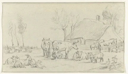 Bauernhof mit Vieh und melkender Frau