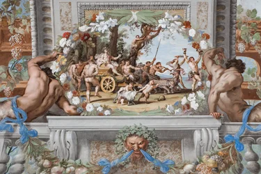 Der Triumphwagen des Bacchus, gezogen von Panthern und begleitet von Silenen und Bacchantinnen