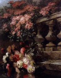 Blumen auf dem Balkon. Gemälde von Jean Capeinick (1838-1890) Privatsammlung.