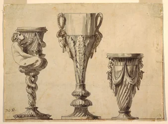 Entwurf für einen Kerzenhalter, Becher und Vase