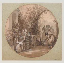 Entwurf für einen bemalten Porzellanteller, Gartenszene aus dem Service de la Culture des Fleurs (Blumenkulturdienst)